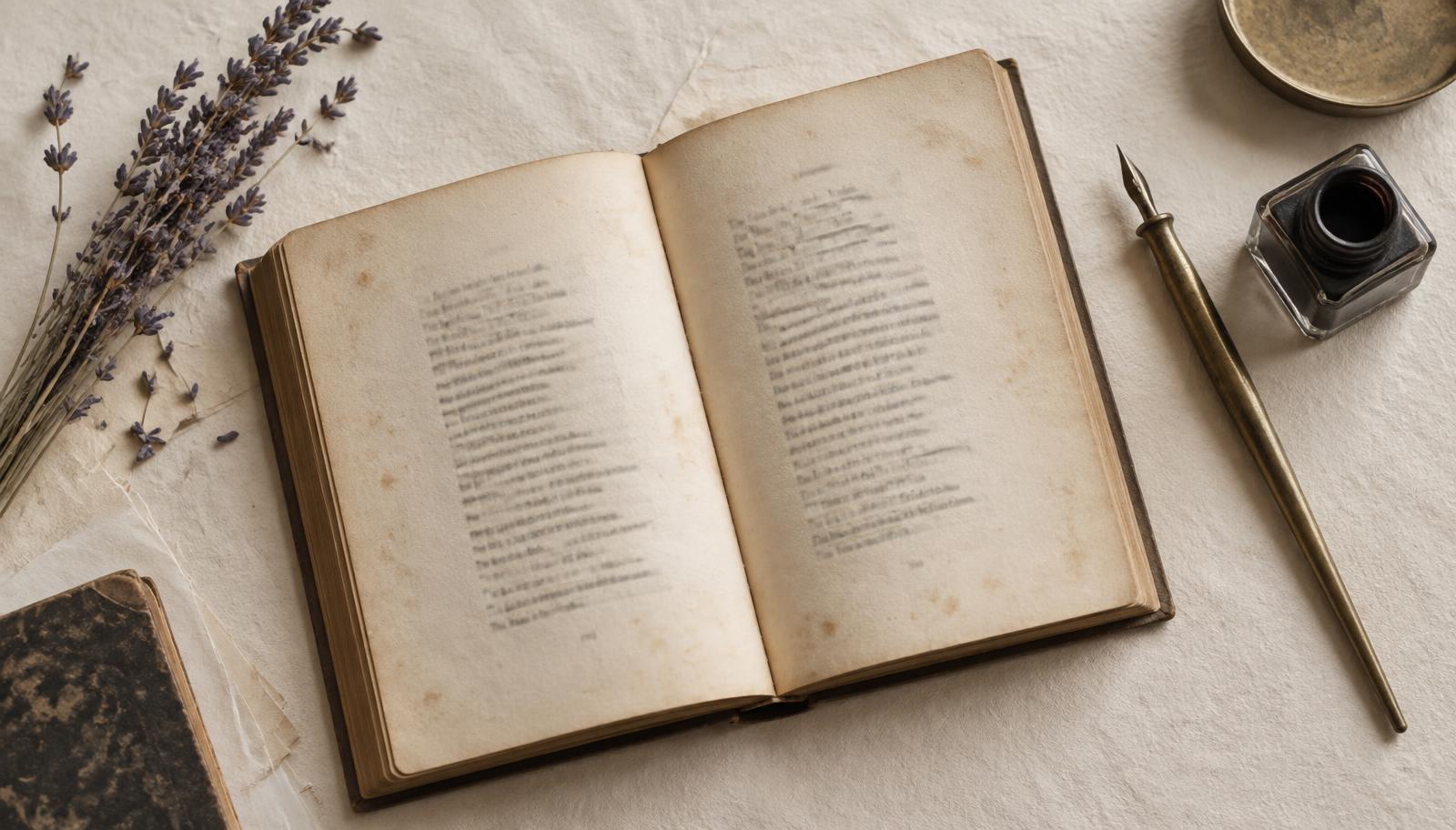 An open book of poetry beside a brass dip pen, inkwell and dried lavender